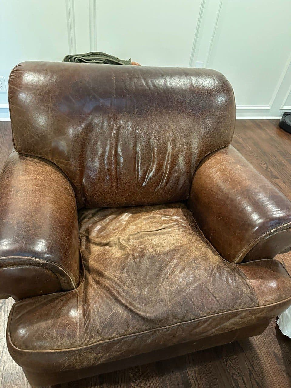 Leather Armchair With Heavy Color Loss, Fading, And Surface Wear