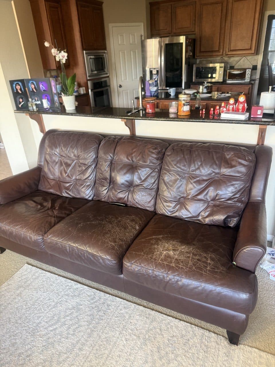 Leather Sofa Seat Cushions With Heavy Color Loss, Fading, And Surface Wear