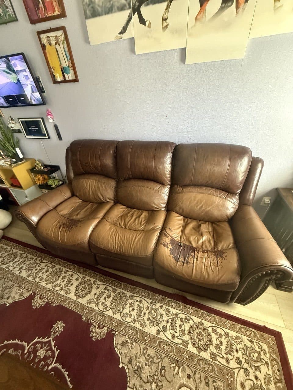 Before: Leather Reclining Sofa Color Restoration And Damaged Finish Repair