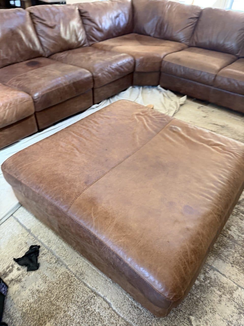 Before: Aniline Leather Sectional Sofa And Ottoman Color Restoration