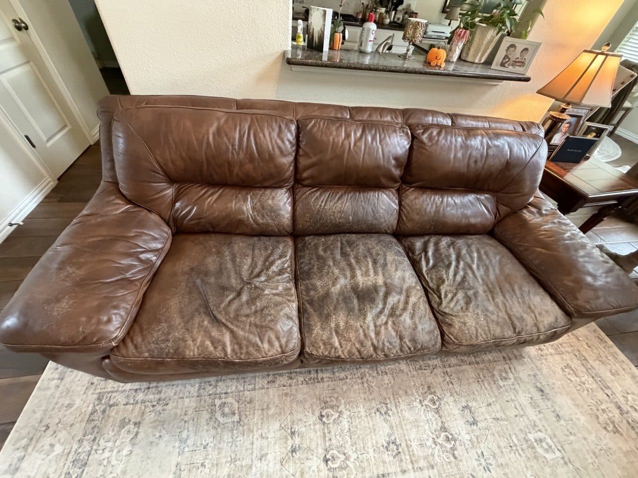 Before: Leather Sofa Cushion Reupholstery, Color Restoration, And Cushion Restuffing