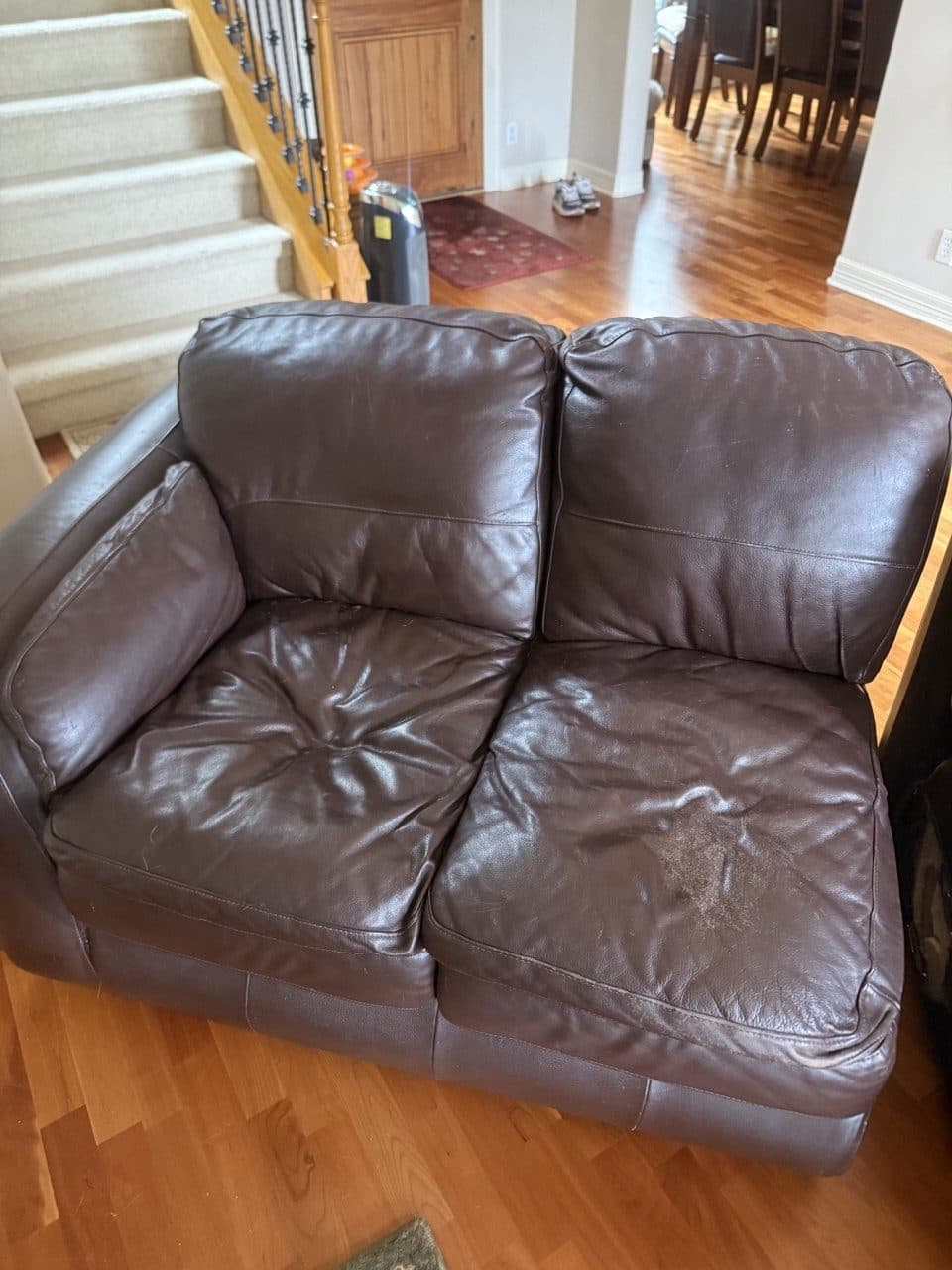 Before: Leather Loveseat Seat Cushion Color Restoration And Wear Repair