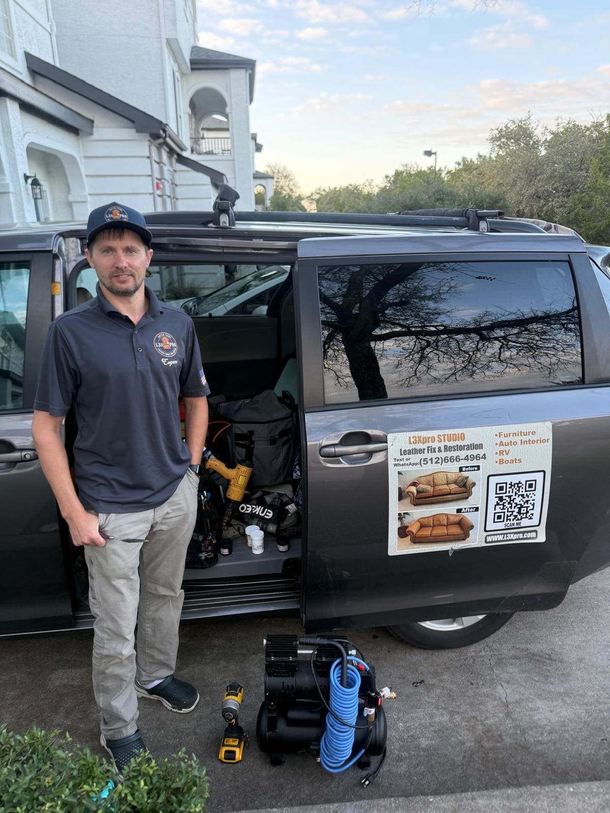 L3Xpro owner beside the mobile furniture repair service vehicle
