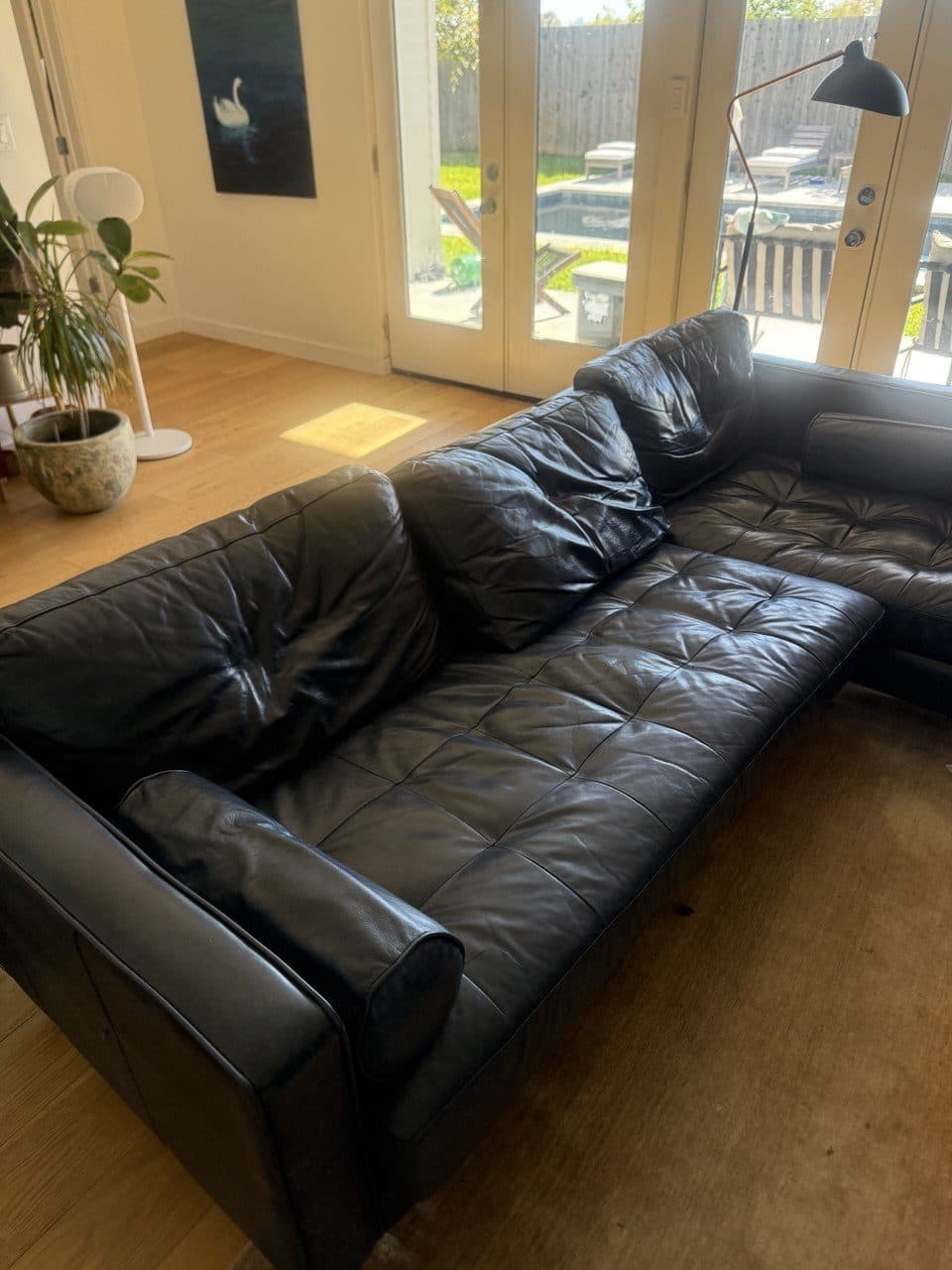 Before: Leather Sectional Back Cushion Restuffing & Shape Restoration