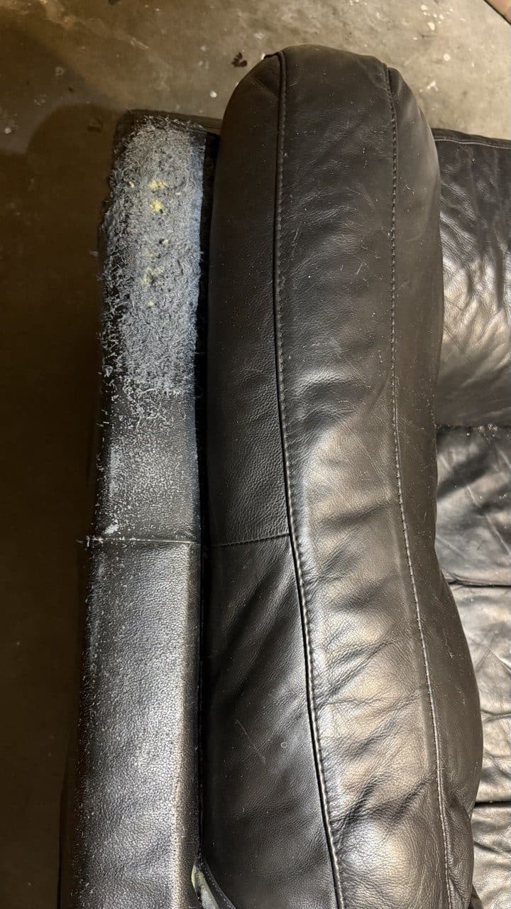 Before: Black leather couch with claw marks scored across one panel